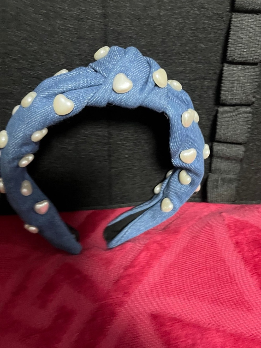 Blue Knotted Headband with Pearl Heart Accents
